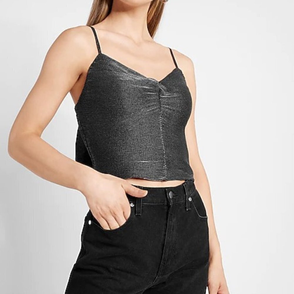 Express Women's Metallic Pleated Bow Back Cropped Cami - XS